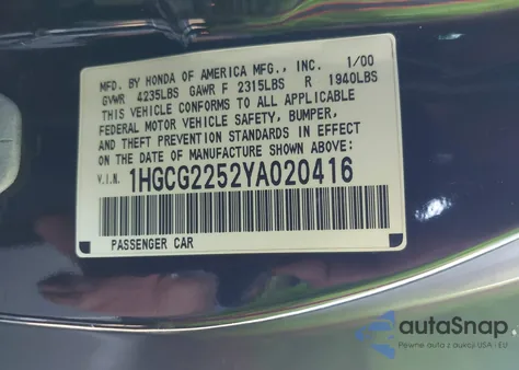2000 Honda Accord 3.0 Ex z USA, uszkodzony, nr VIN 1HGCG2252YA020416